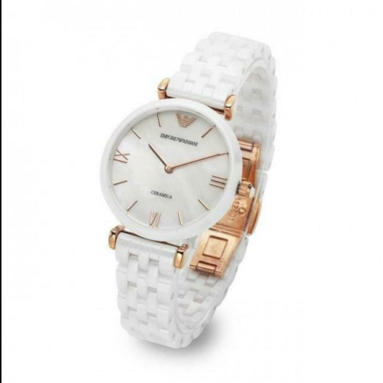 Close-up of Emporio Armani AR1486 showing sleek white ceramic bracelet and case