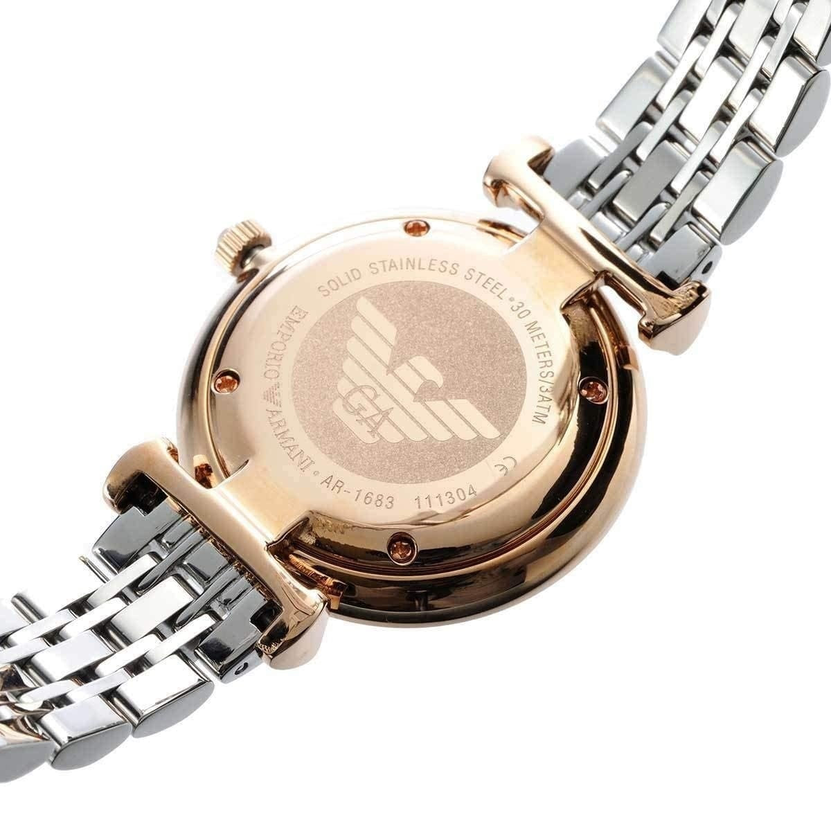 Angled view of Emporio Armani AR1683 Gianni T-Bar watch highlighting two-tone bracelet