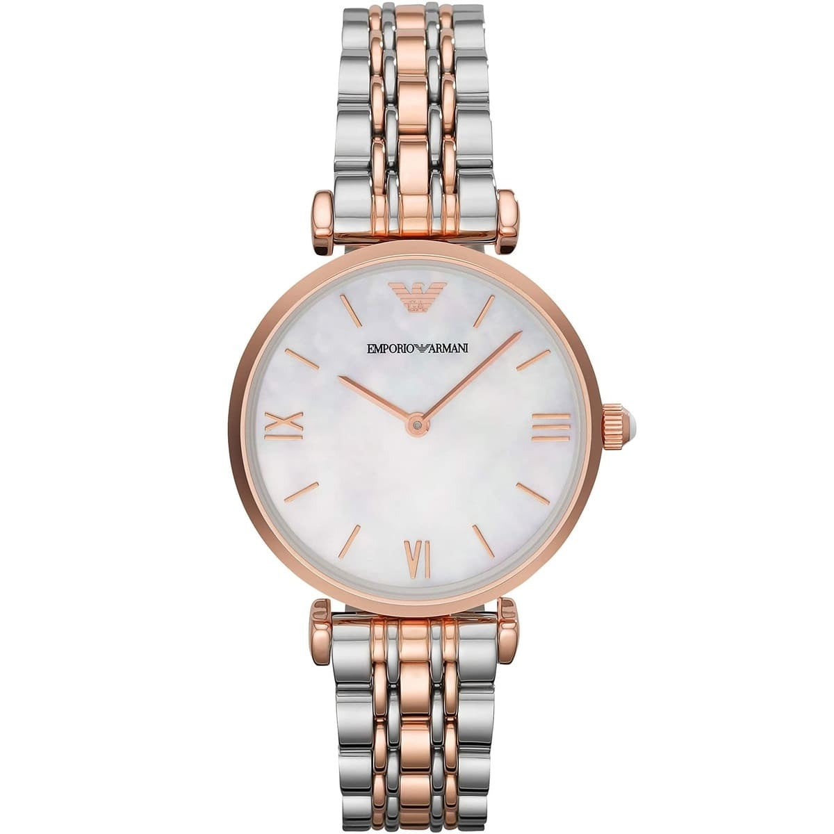 Front view of Emporio Armani AR1683 ladies’ watch featuring mother of pearl dial