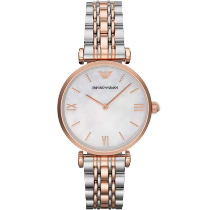 Front view of Emporio Armani AR1683 ladies’ watch featuring mother of pearl dial