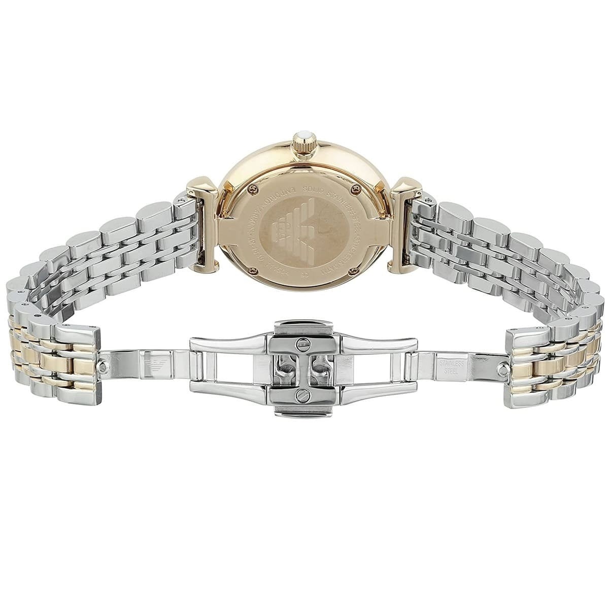 Opened clasp of Emporio Armani AR1683 women’s two-tone silver and rose gold watch
