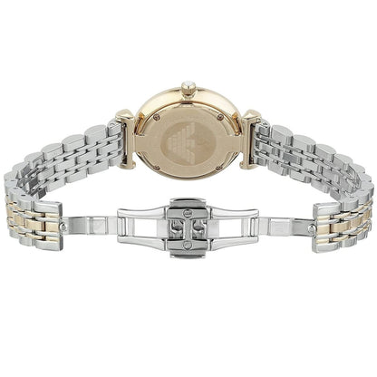 Opened clasp of Emporio Armani AR1683 women’s two-tone silver and rose gold watch