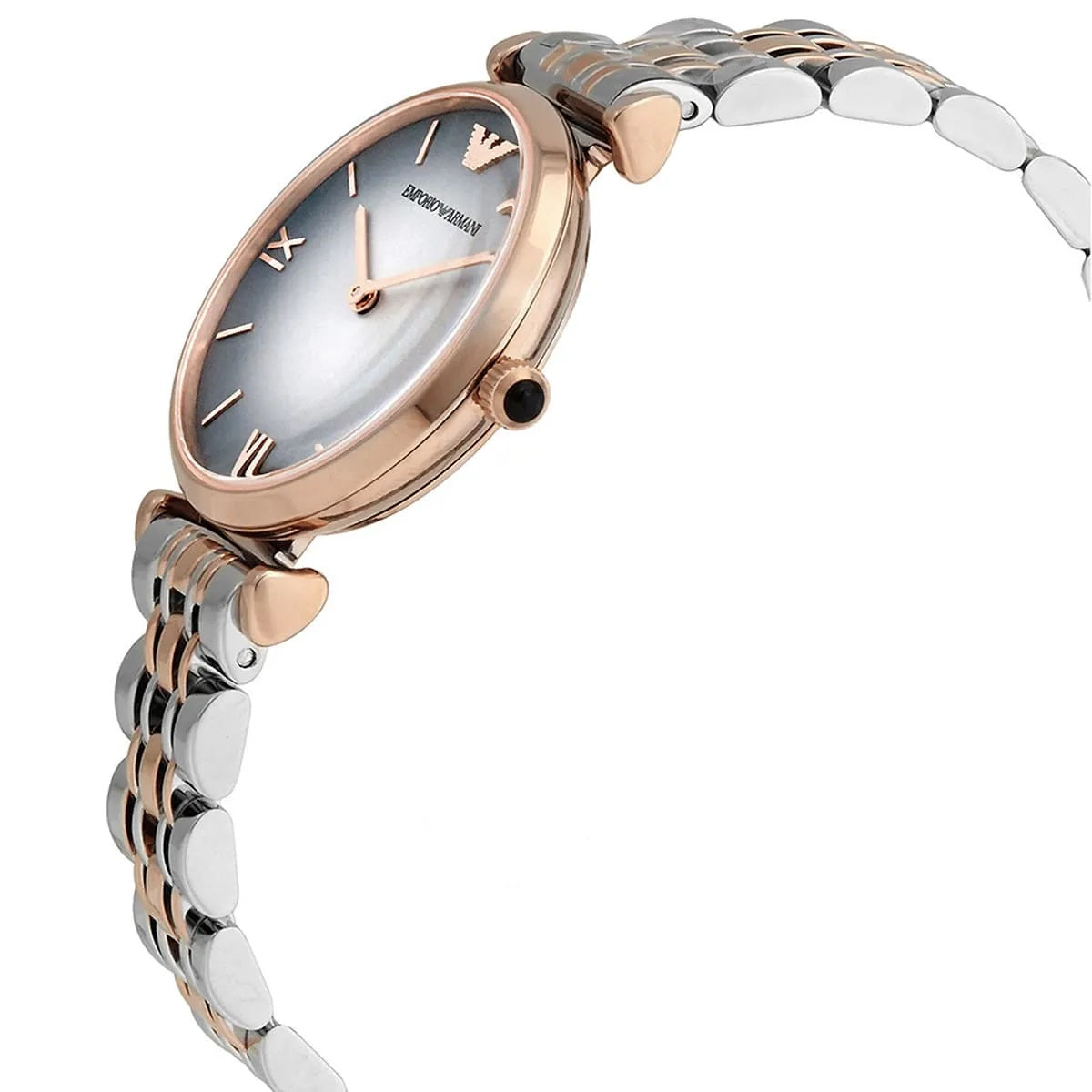 Angled view of Emporio Armani AR1725 women’s watch highlighting grey dial and two-tone finish