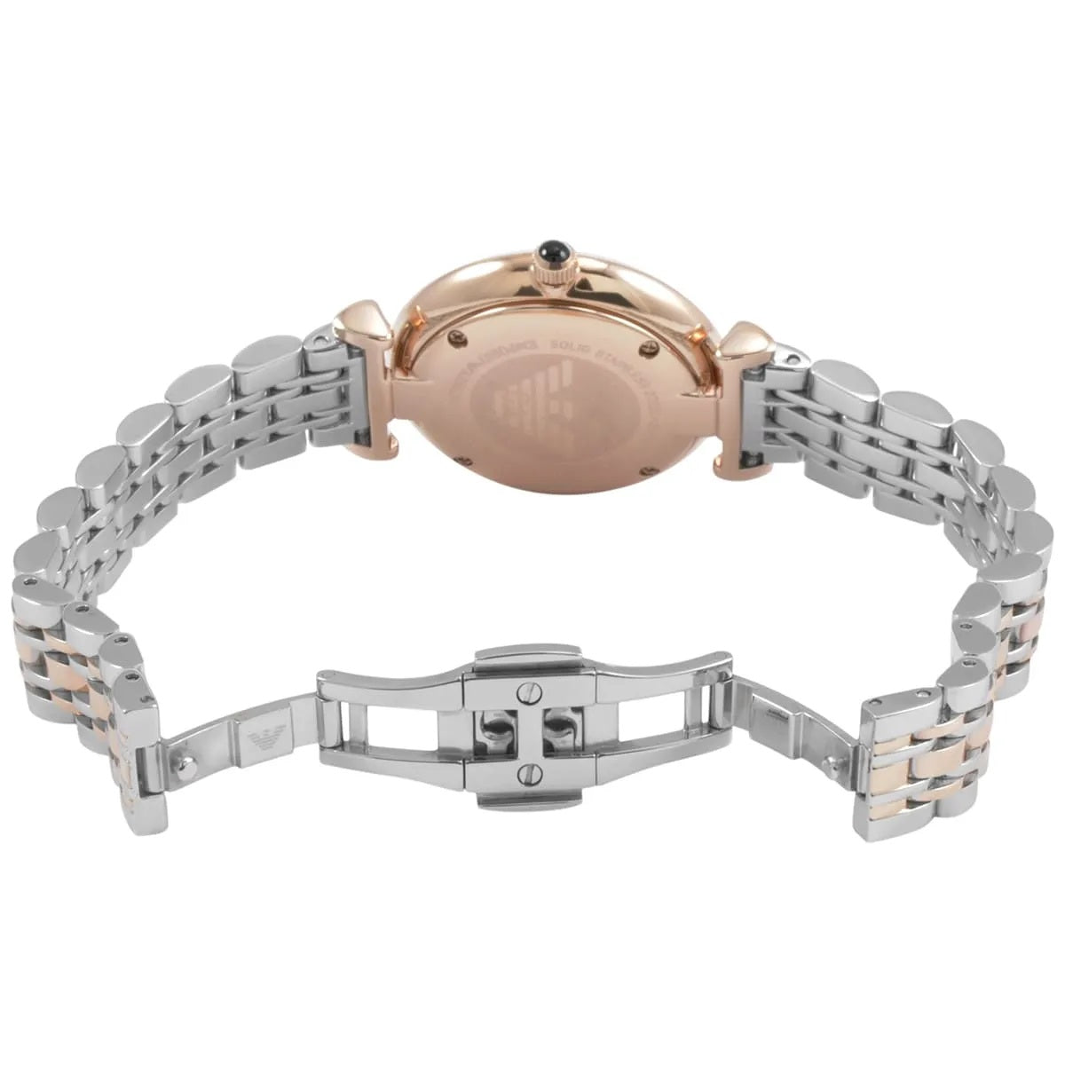 Opened clasp view of Emporio Armani AR1725 showing stainless steel bracelet and secure lock