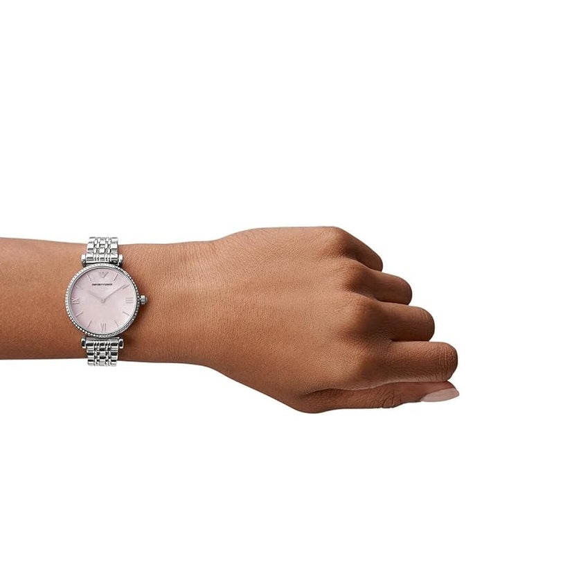 Emporio Armani AR1779 on wrist women’s fashion watch with silver bracelet