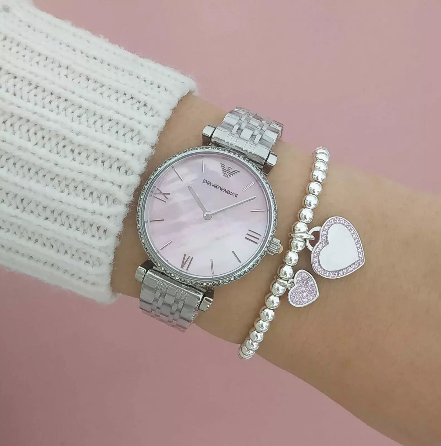 Elegant wrist shot of Emporio Armani Gianni T-Bar watch for women