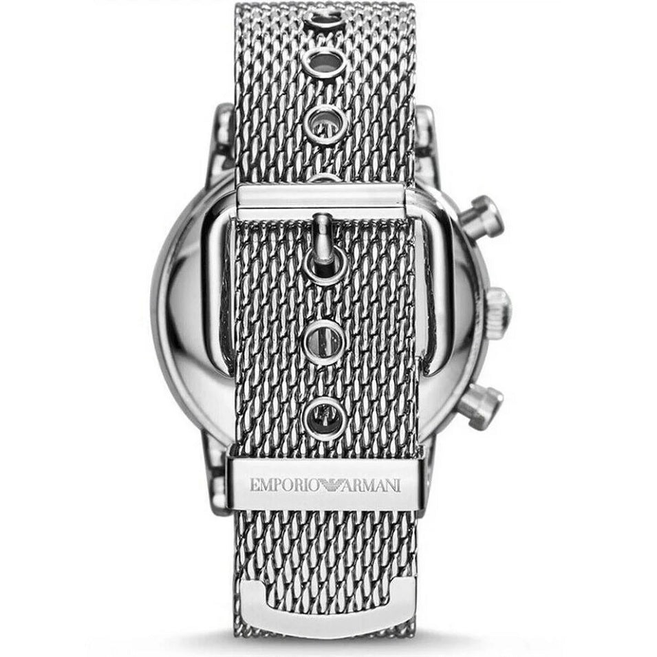 Back view of Emporio Armani AR1808 showcasing stainless steel case and mesh strap clasp