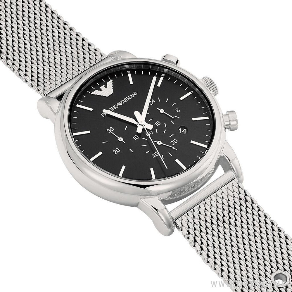 Close-up of Emporio Armani AR1808 silver watch with black dial and stainless steel case