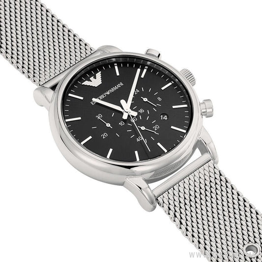 Close-up of Emporio Armani AR1808 silver watch with black dial and stainless steel case
