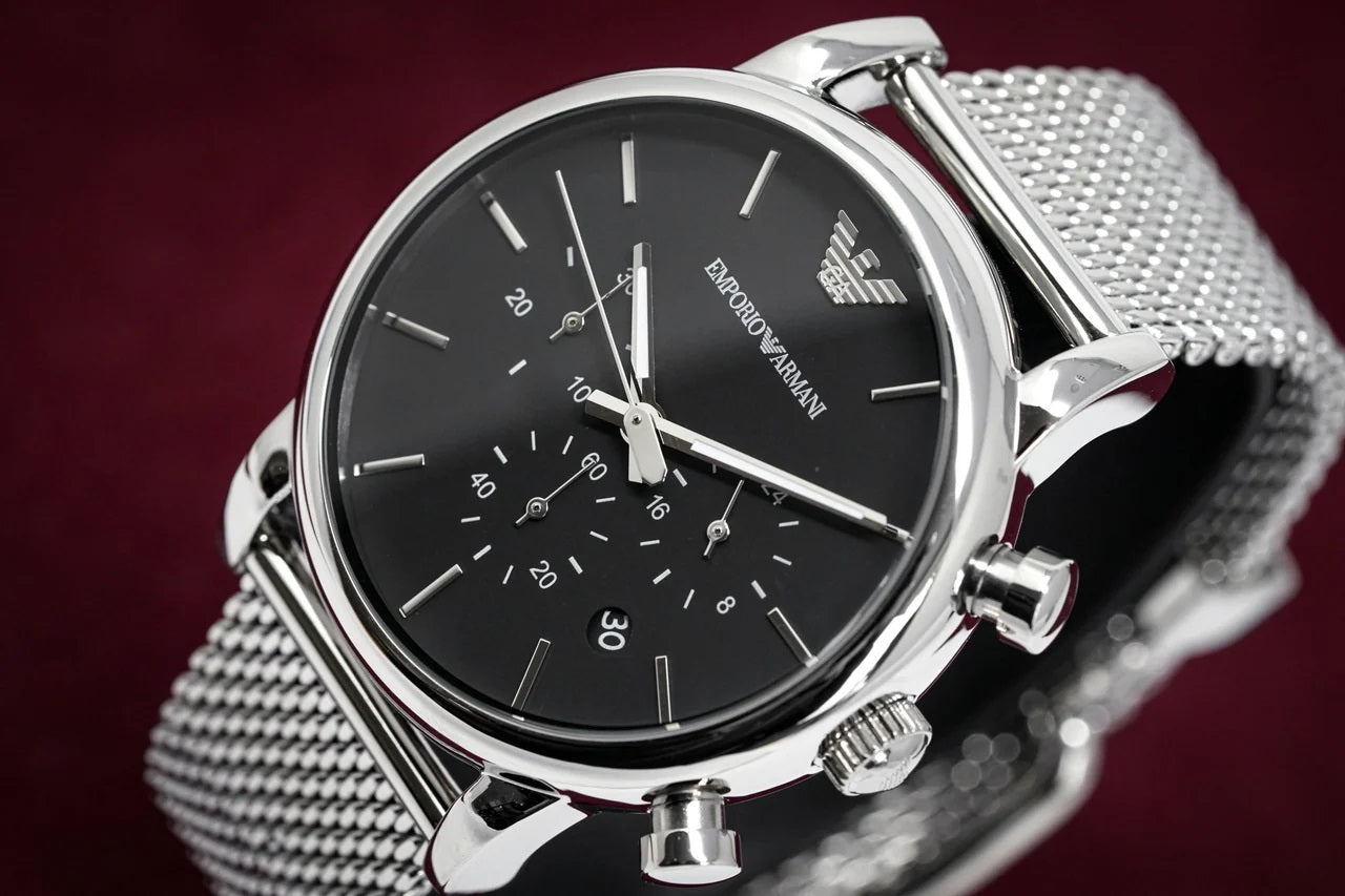 Emporio Armani AR1808 men's watch with stainless steel mesh strap and black dial