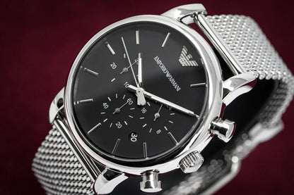 Emporio Armani AR1808 men's watch with stainless steel mesh strap and black dial