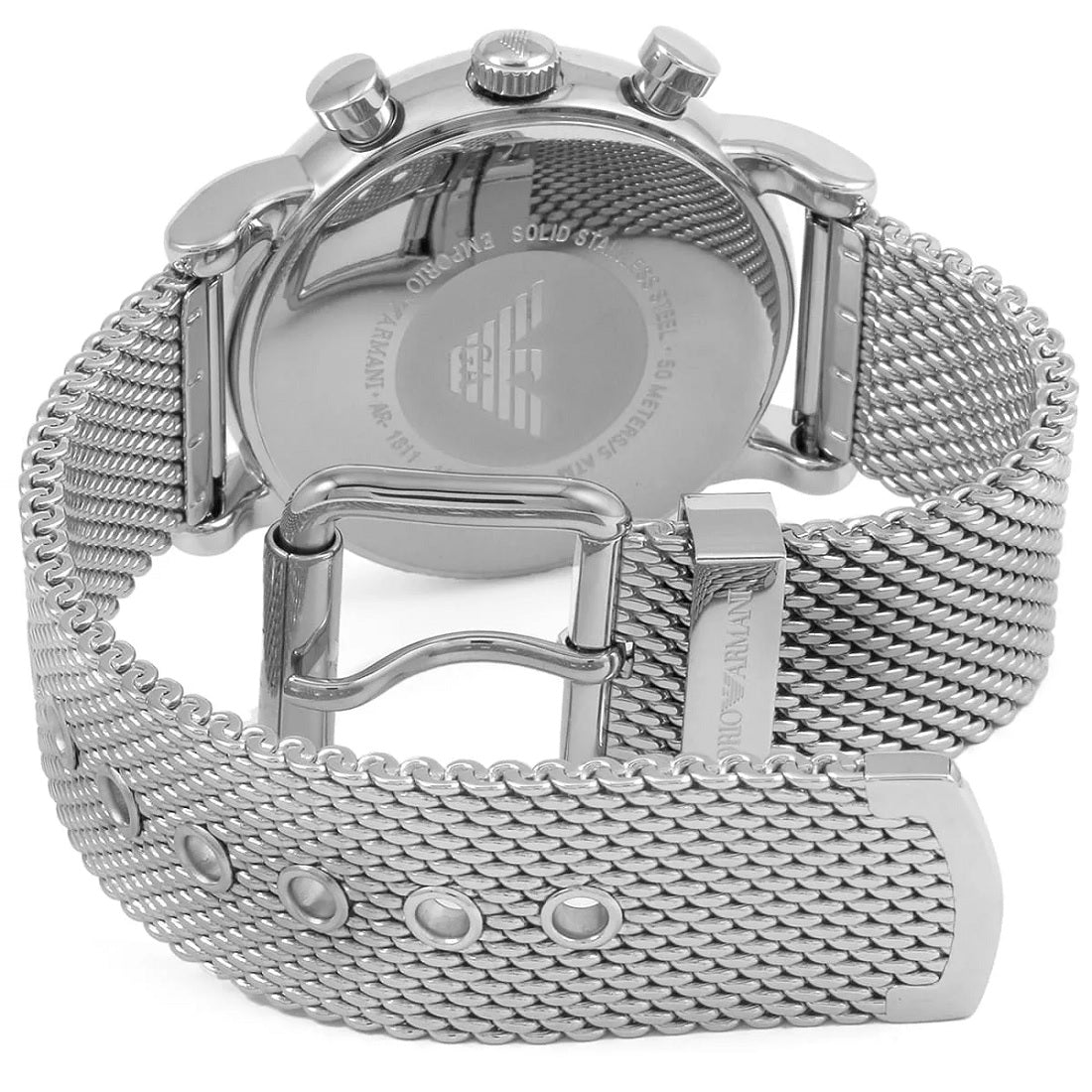Back case view of Emporio Armani AR1811 with stainless mesh band