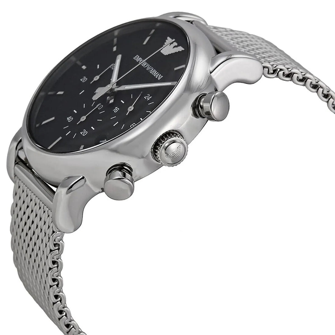 Close-up of Emporio Armani Luigi AR1811 showing elegant black dial