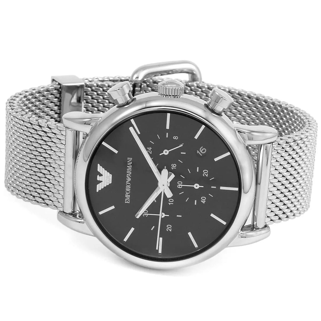 Emporio Armani AR1811 men's watch with silver mesh strap and black dial