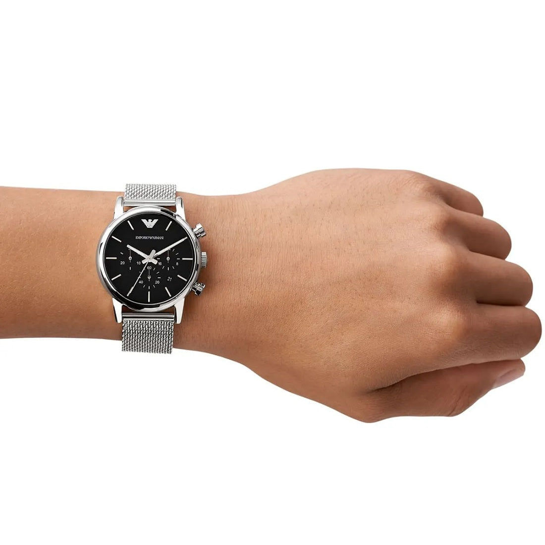 Emporio Armani AR1811 on wrist showing refined silver mesh strap and black dial
