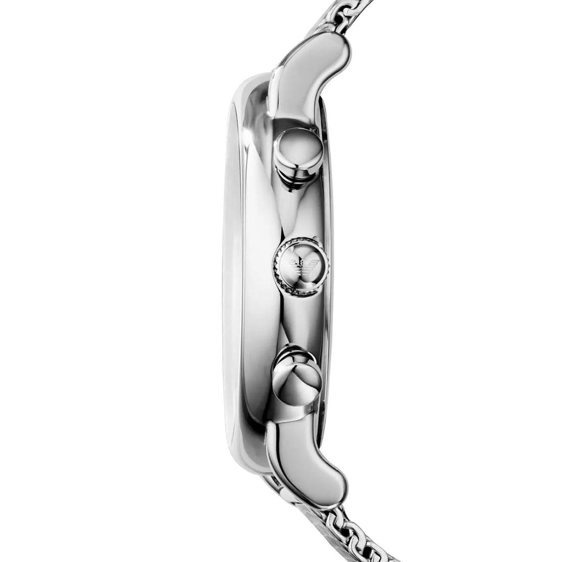 Side angle of Emporio Armani AR1811 stainless steel mesh watch