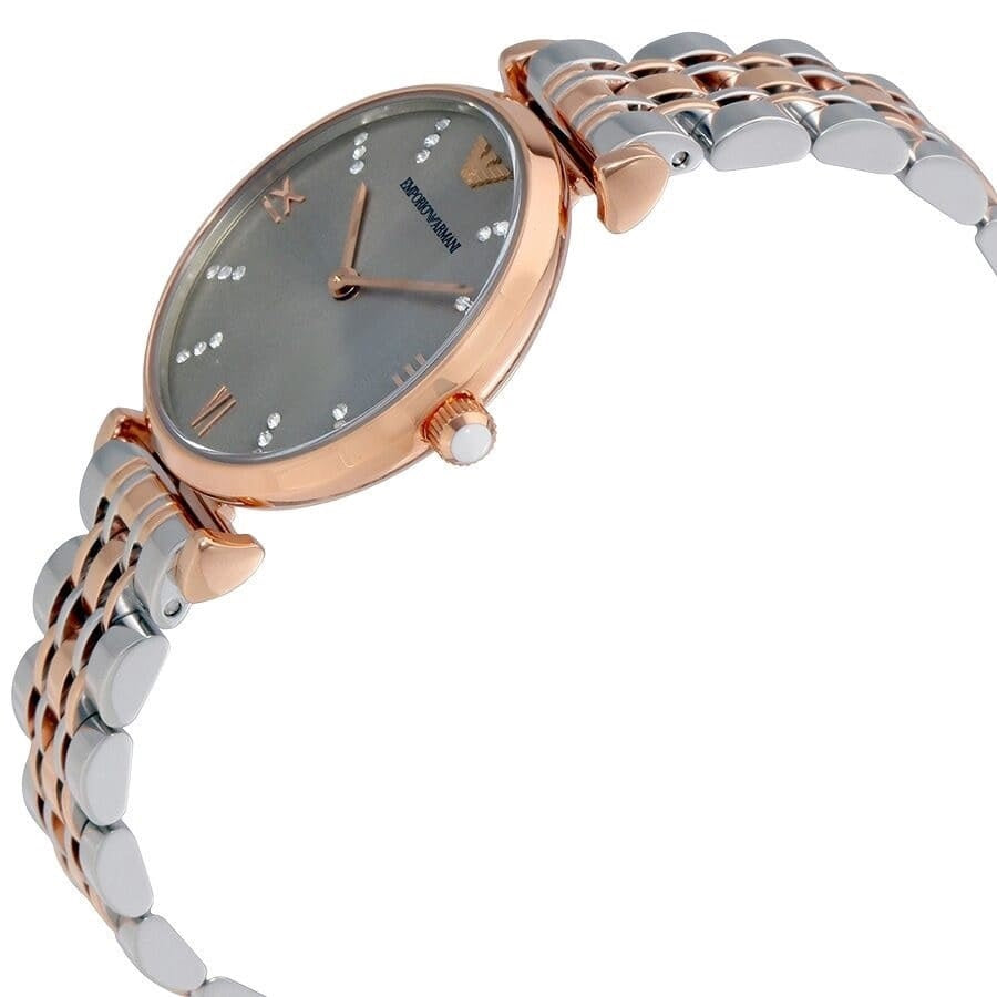 Angled view of Emporio Armani AR1840 with two-tone silver & rose gold bracelet and elegant grey dial