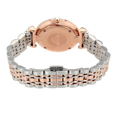 Back case view of Emporio Armani AR1840 women’s watch with two-tone silver & rose gold bracelet