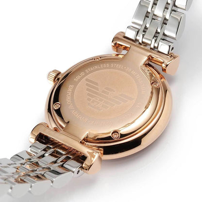 Back view of Emporio Armani AR1840 showing caseback and two-tone bracelet