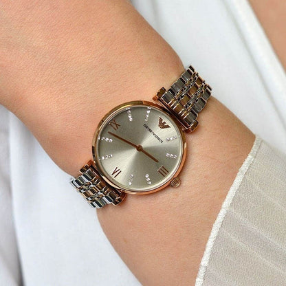 Emporio Armani AR1840 worn on wrist with two-tone silver & rose gold strap and grey dial