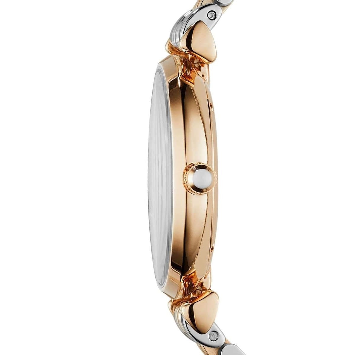 Side profile of Emporio Armani AR1840 with two-tone silver & rose gold strap and sleek grey dial