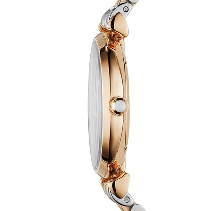 Side profile of Emporio Armani AR1840 with two-tone silver & rose gold strap and sleek grey dial