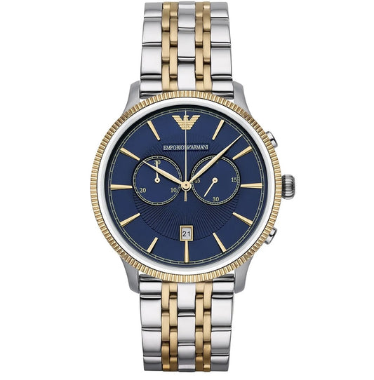 Front view of Emporio Armani AR1847 with two-tone stainless steel bracelet and blue dial