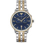 Front view of Emporio Armani AR1847 with two-tone stainless steel bracelet and blue dial