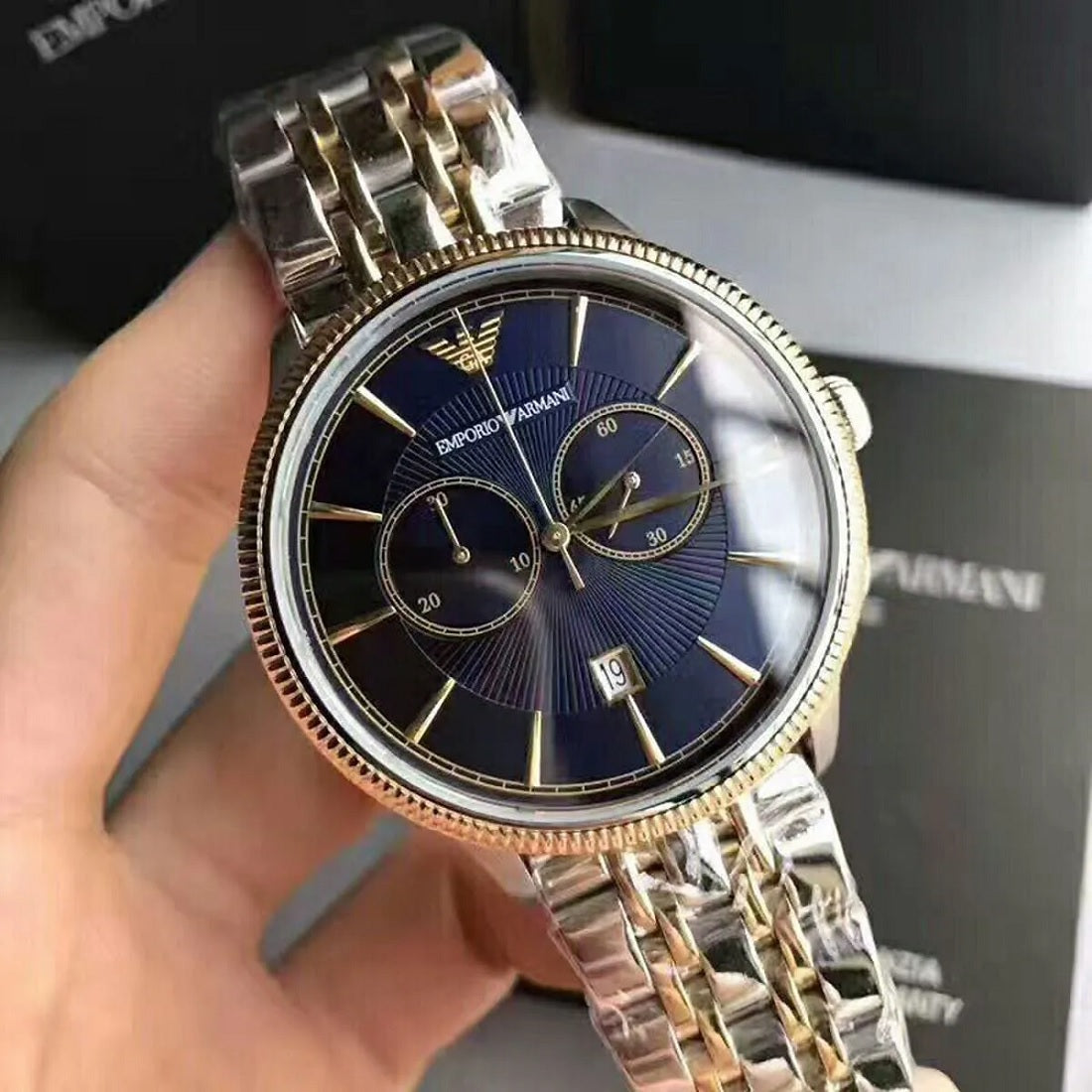 Emporio Armani AR1847 men’s watch with two-tone stainless steel strap and blue dial