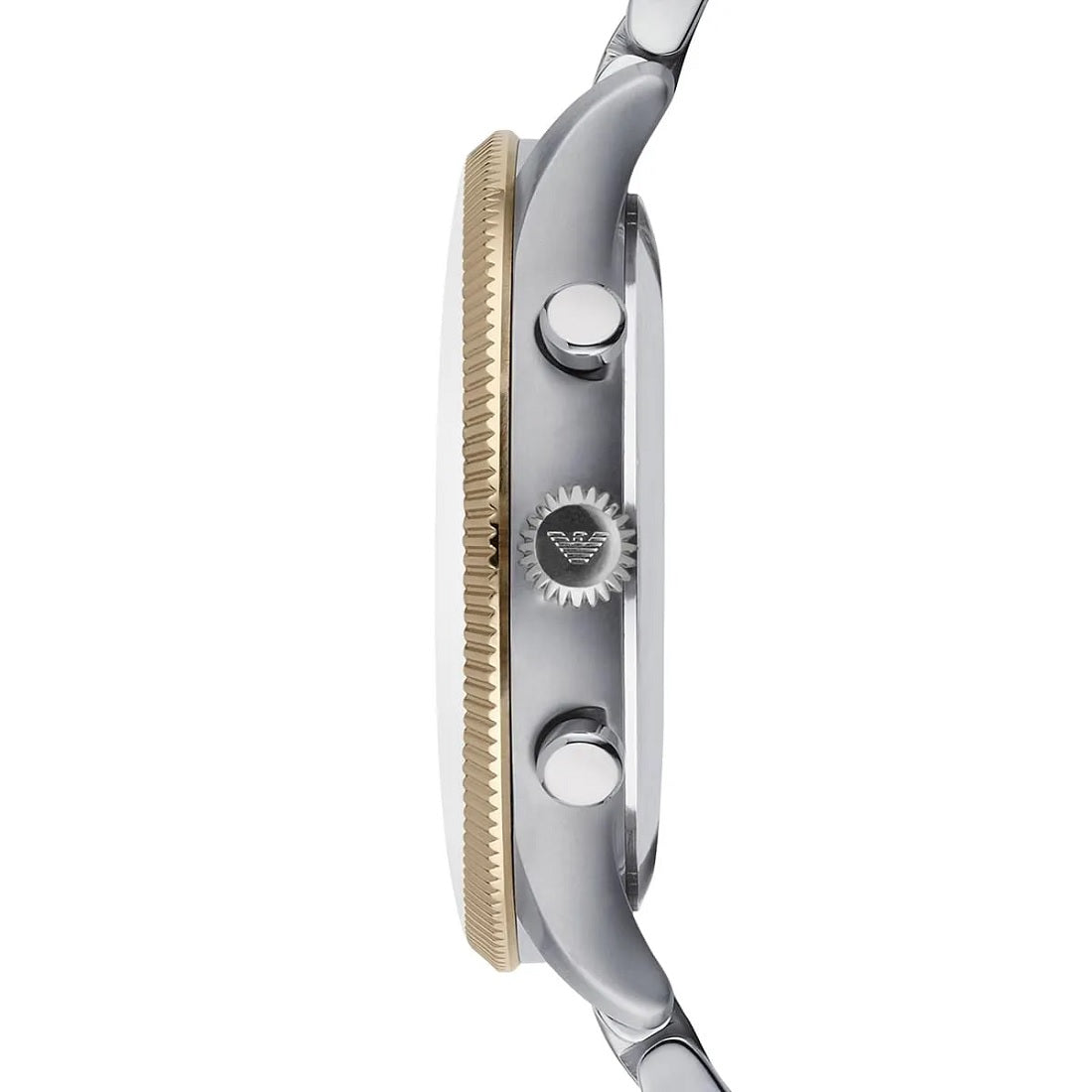 Side profile of Emporio Armani AR1847 featuring two-tone stainless steel strap and blue dial