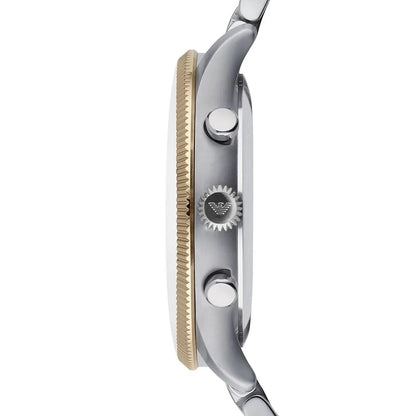 Side profile of Emporio Armani AR1847 featuring two-tone stainless steel strap and blue dial