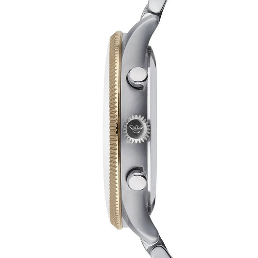Side profile of Emporio Armani AR1847 featuring two-tone stainless steel strap and blue dial