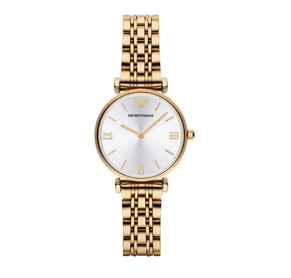 Front view of Emporio Armani AR1877 Gianni T-Bar ladies watch featuring a 32mm gold-tone case and sunray silver dial with Roman numeral indexes.