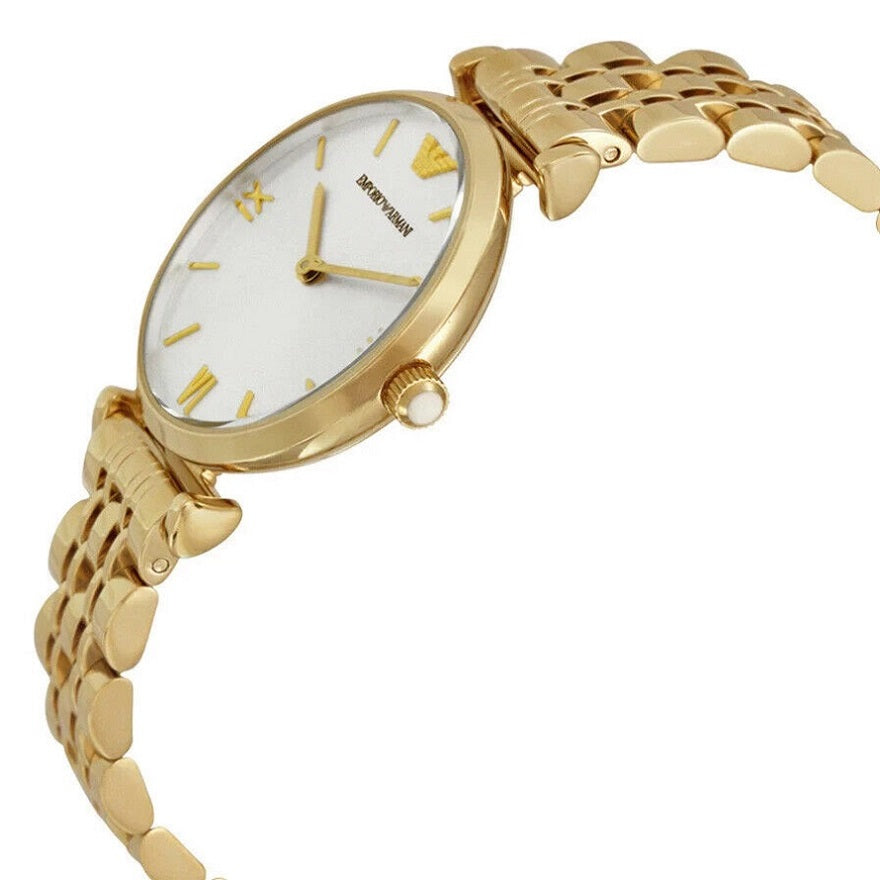 Angled view of the Emporio Armani AR1877 showcasing the elegant T-bar lug design and the polished gold-plated link bracelet.