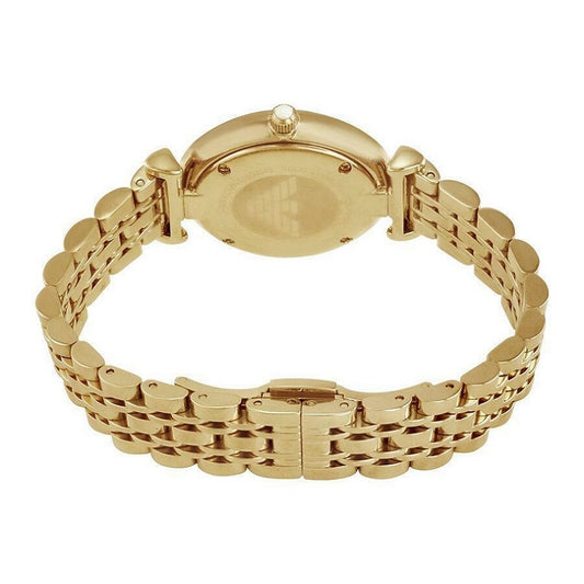 Polished gold-tone stainless steel case back of the Armani AR1877 watch, showing the eagle logo engraving and water resistance markings.