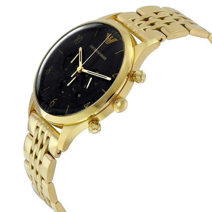 Close-up of Emporio Armani AR1893 showcasing black dial and polished gold strap