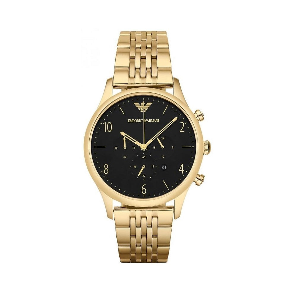 Front view of Emporio Armani AR1893 with gold stainless steel strap and bold black dial