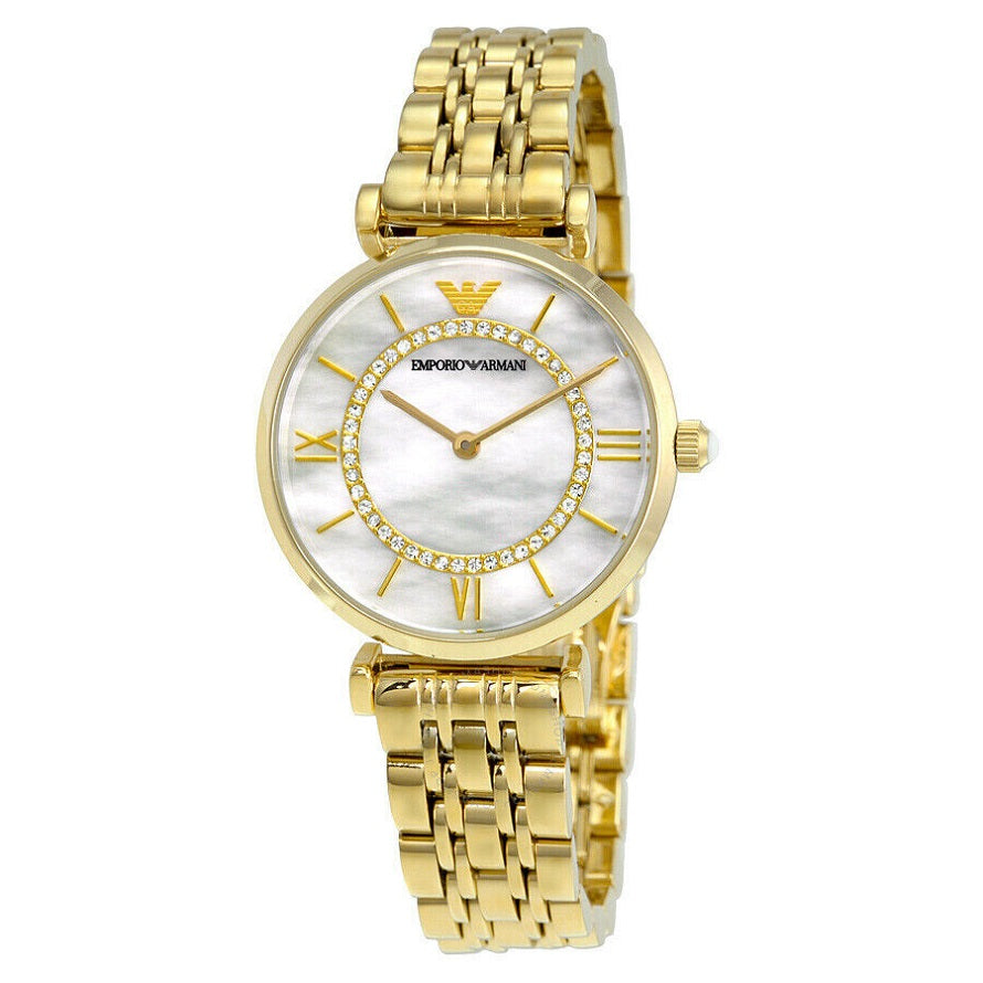 Front view of Emporio Armani AR1907 with gold stainless steel bracelet and mother of pearl dial