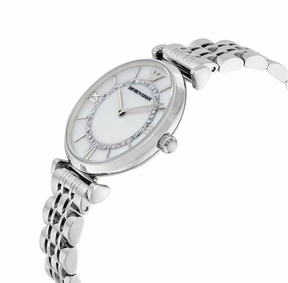 Angled view of Emporio Armani AR1908 displaying polished silver finish and graceful design