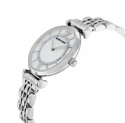 Angled view of Emporio Armani AR1908 displaying polished silver finish and graceful design