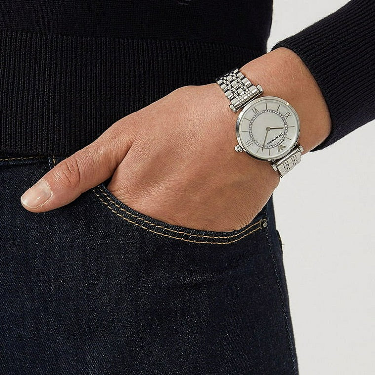 Emporio Armani AR1908 worn on wrist with silver strap and mother of pearl dial