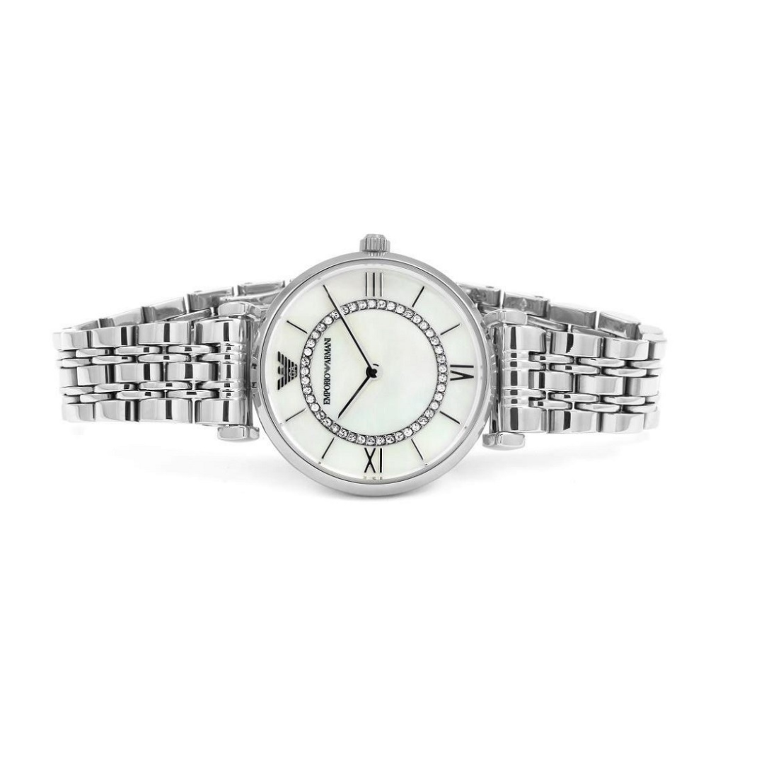 Emporio Armani AR1908 women’s watch with stainless steel silver strap and mother of pearl dial