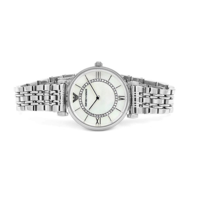 Emporio Armani AR1908 women’s watch with stainless steel silver strap and mother of pearl dial