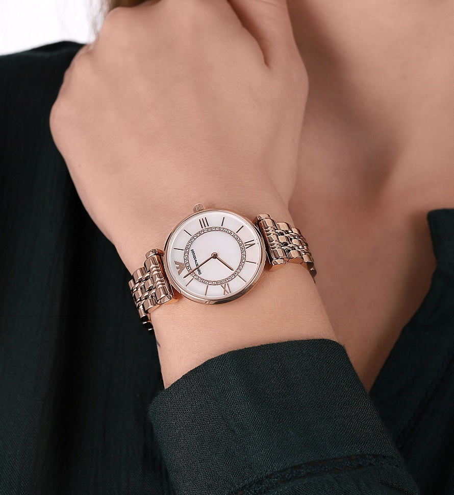 Full wrist image of Emporio Armani AR1909 with rose gold tone and Gianni T-Bar style