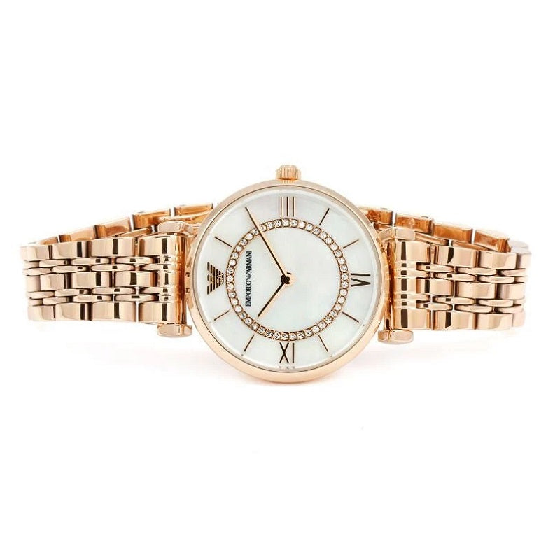 Emporio Armani AR1909 women’s watch with rose gold strap and elegant mother of pearl dial