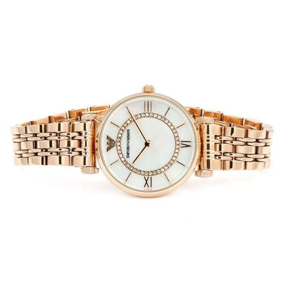 Emporio Armani AR1909 women’s watch with rose gold strap and elegant mother of pearl dial
