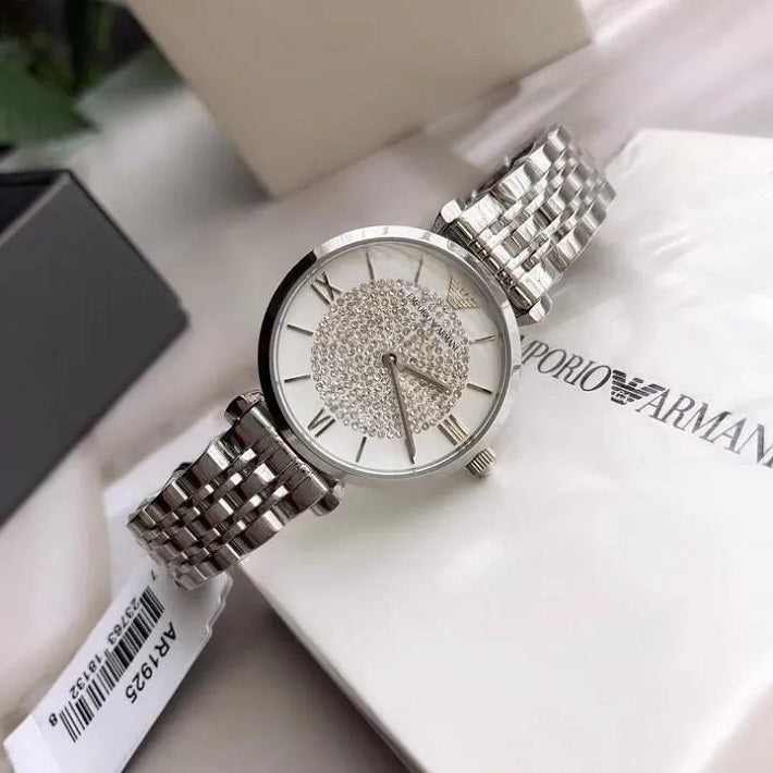 Angled view of Emporio Armani AR1925 highlighting case shine and crystal details