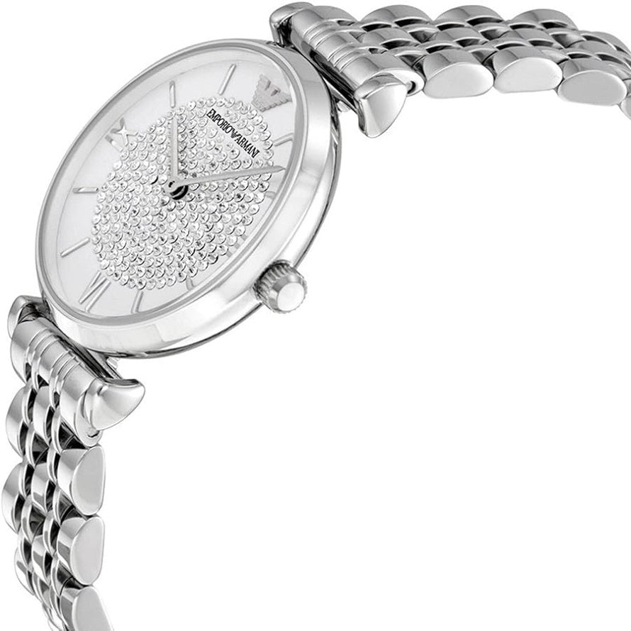 Close-up of Emporio Armani AR1925 showing crystal pave dial and polished stainless steel strap