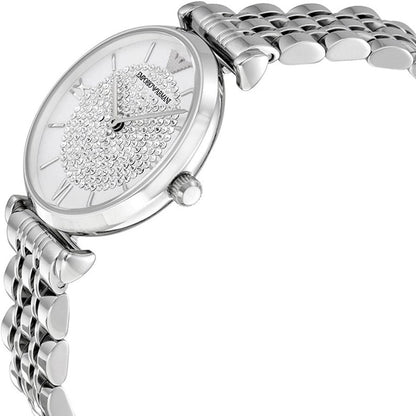 Close-up of Emporio Armani AR1925 showing crystal pave dial and polished stainless steel strap