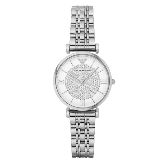 Front view of Emporio Armani AR1925 women’s watch with sparkling white dial and silver bracelet